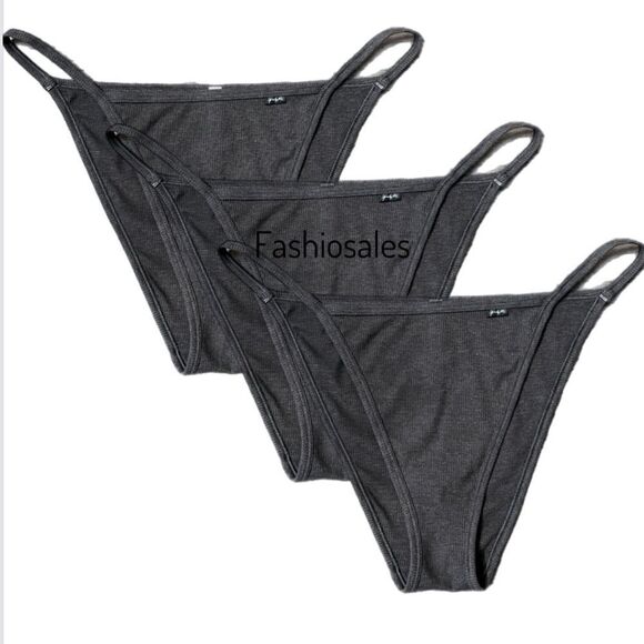 Victorias Secret Pink Soft Cotton Ribbed String Bikini panty Gray Bundle of 3 - Picture 6 of 10